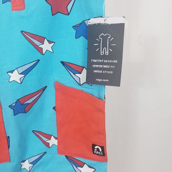 New RAGS Sleeveless Blue Shooting Shorts Romper with Red Pocket and Trim - Picture 2 of 8